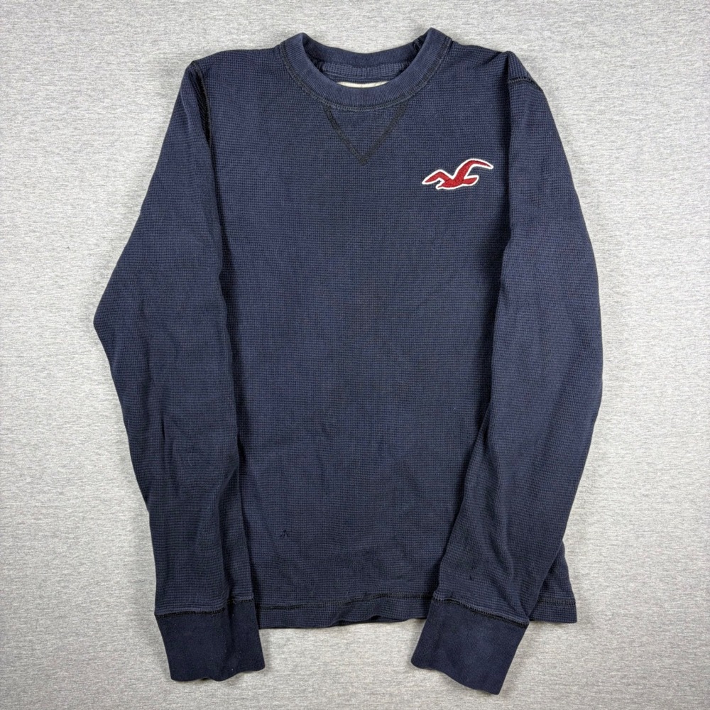 Y2K Hollister Thermal Henley Shirt Mens M Navy Blue Waffle Knit Logo Crewneck